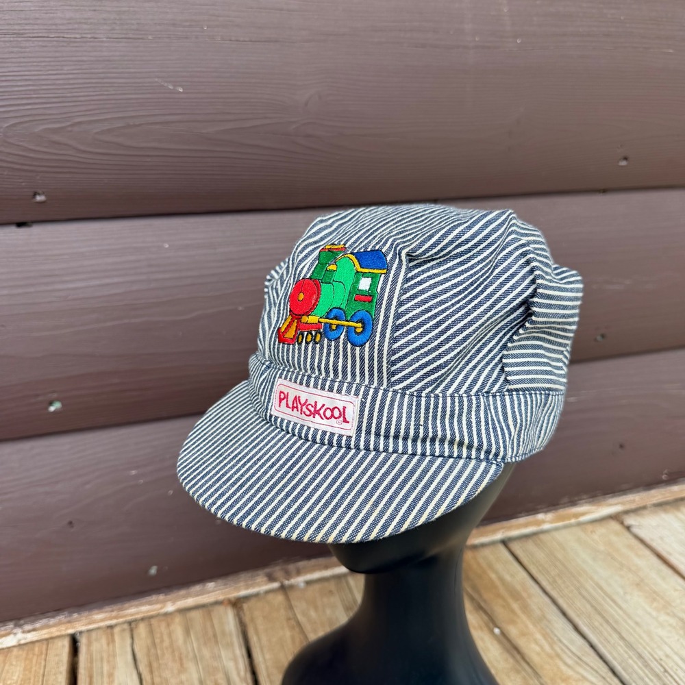 Vintage Playskool Train Conductor Hat Hickory Stripe Engineer Cap Toddler Kids